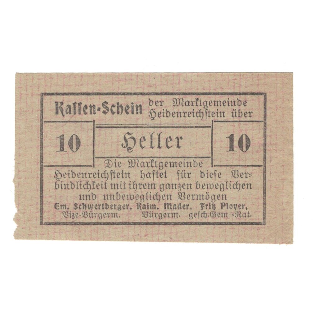 Banconote, Austria, Heidenreichstein N.Ö. Marktgemeinde, 10 Heller, Texte