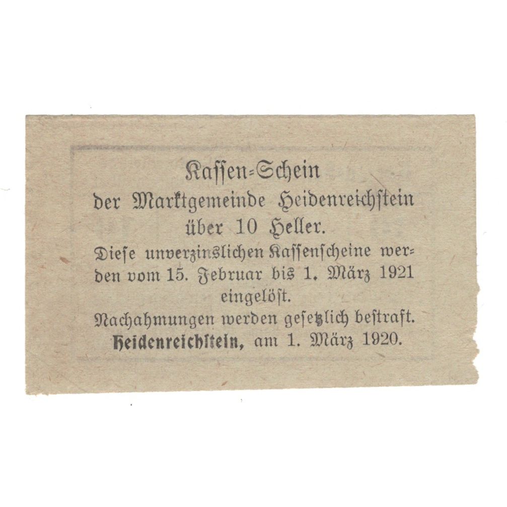 Banconote, Austria, Heidenreichstein N.Ö. Marktgemeinde, 10 Heller, Texte