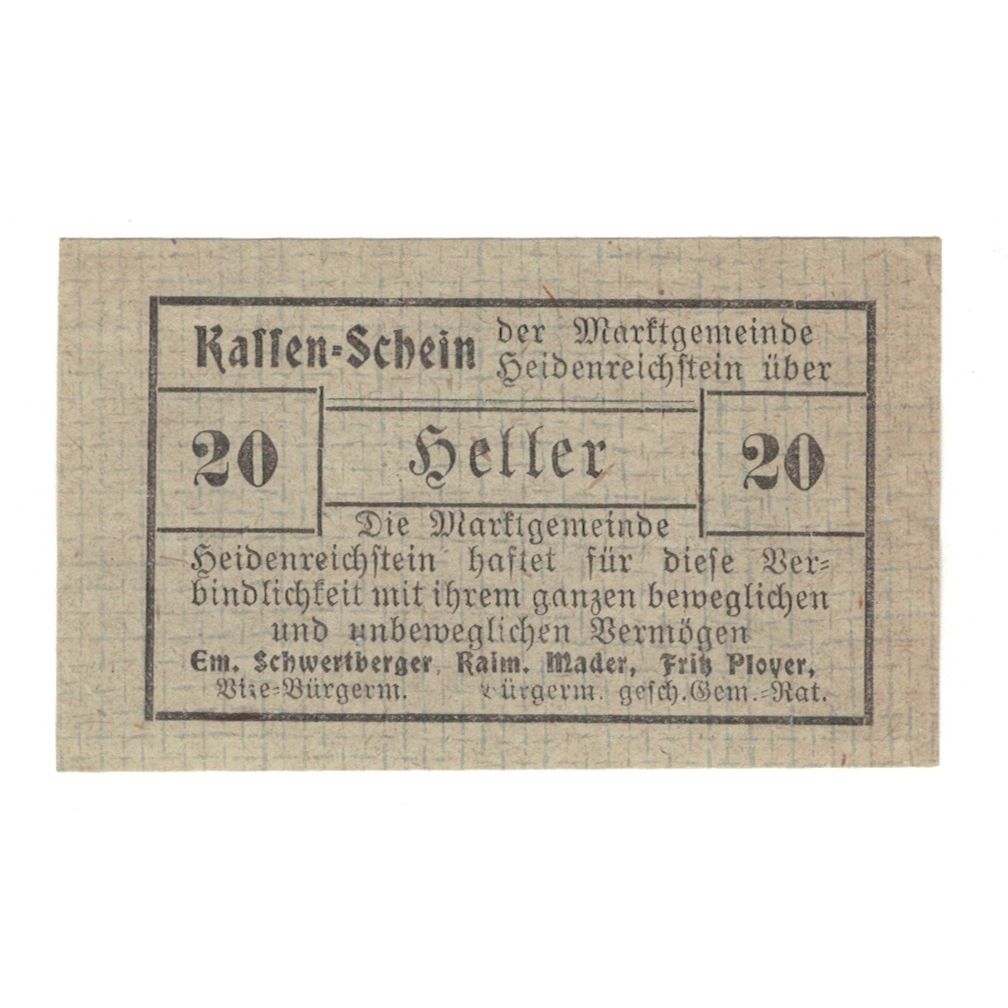 Banconote, Austria, Heidenreichstein N.Ö. Marktgemeinde, 20 Heller, Texte
