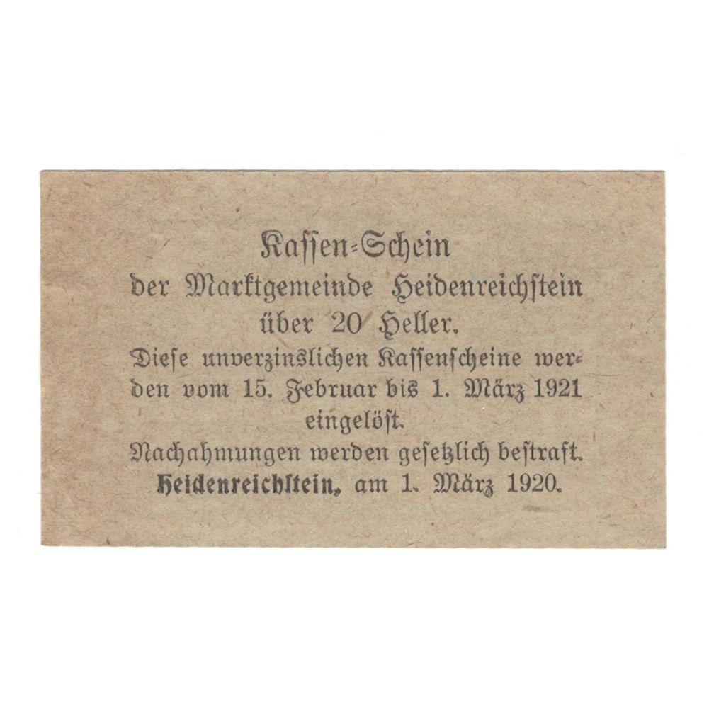 Banconote, Austria, Heidenreichstein N.Ö. Marktgemeinde, 20 Heller, Texte