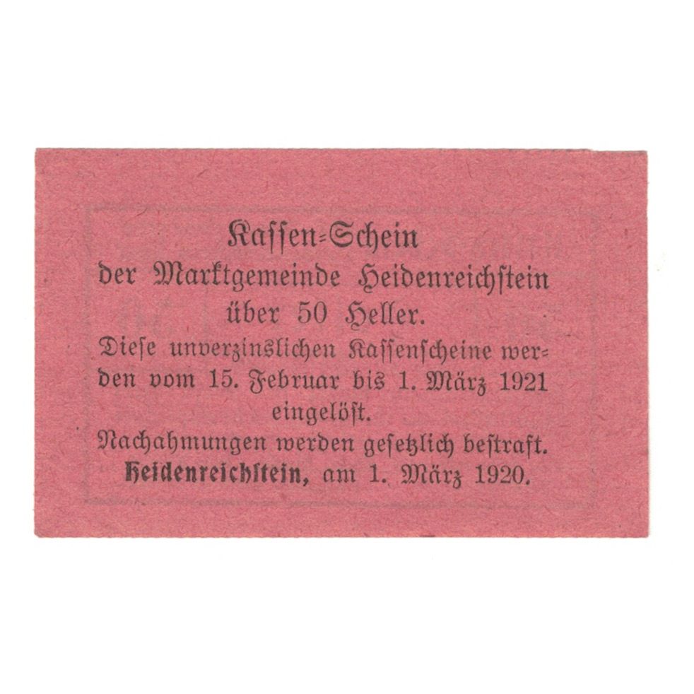 Banknote, Austria, Heidenreichstein N.Ö. Marktgemeinde, 50 Heller, Texte, 1921