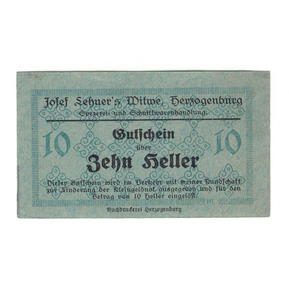 Banconote, Austria, Herzogenburg Prv. Josef Lehner's Witwe, 10 Heller, Texte