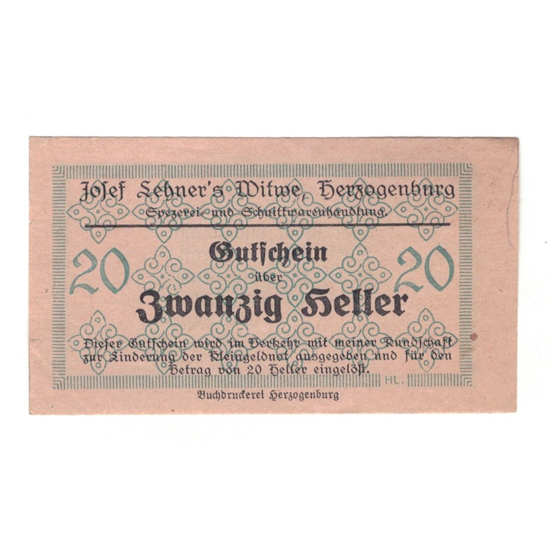 Banknote, Austria, Herzogenburg Prv. Josef Lehner's Witwe, 20 Heller, Texte