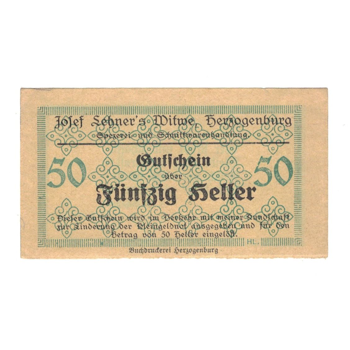 Banconote, Austria, Herzogenburg Prv. Josef Lehner's Witwe, 50 Heller, Texte