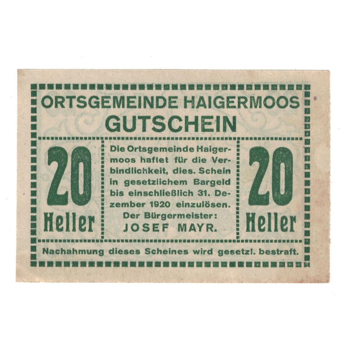 Banconote, Austria, Haigermoos O.Ö. Ortsgemeinde, 20 Heller, paysage, 1920