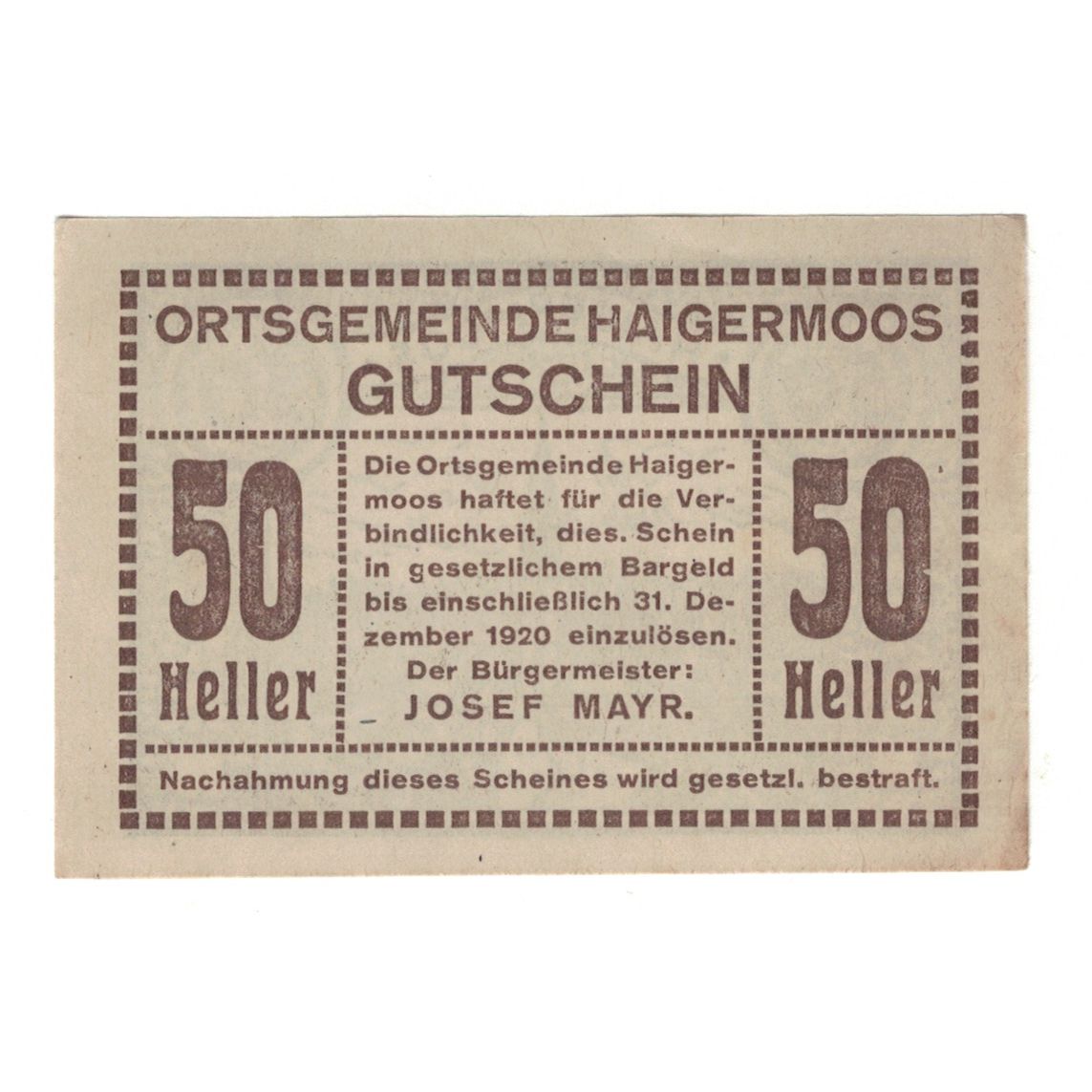 Banconote, Austria, Haigermoos O.Ö. Ortsgemeinde, 50 Heller, paysage, 1920