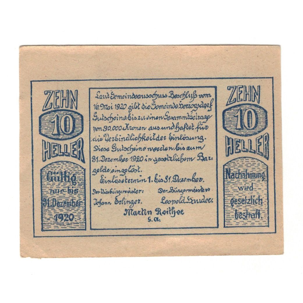 Banknote, Austria, Herzogsdorf O.Ö. Gemeinde, 10 Heller, Texte, 1920