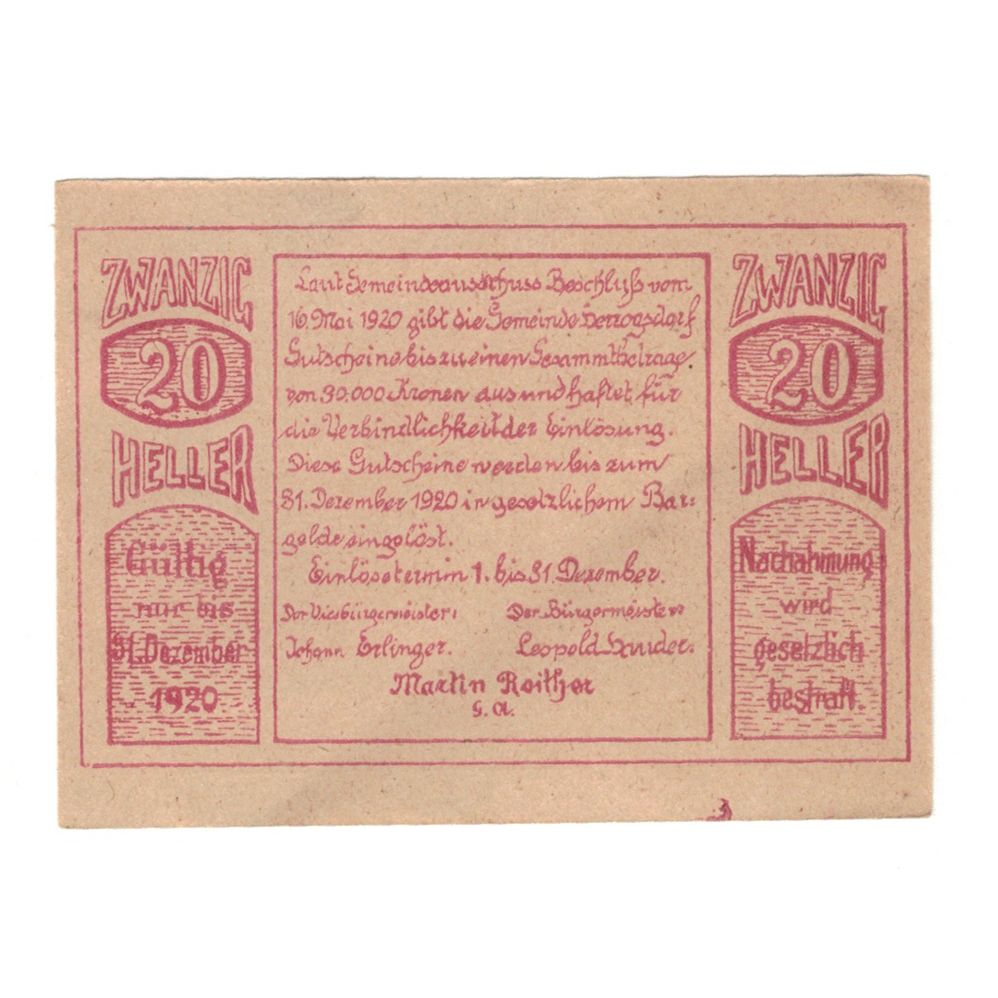 Banknote, Austria, Herzogsdorf O.Ö. Gemeinde, 20 Heller, Texte, 1920