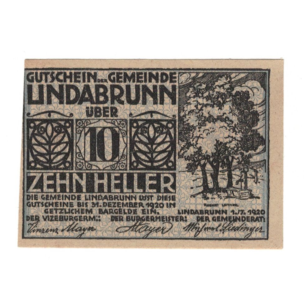 Geldschein, Österreich, Lindabrunn N.Ö. Gemeinde, 10 Heller, Texte, 1920