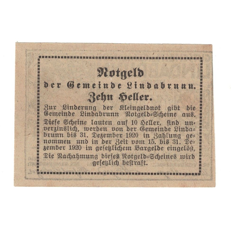 Geldschein, Österreich, Lindabrunn N.Ö. Gemeinde, 10 Heller, Texte, 1920
