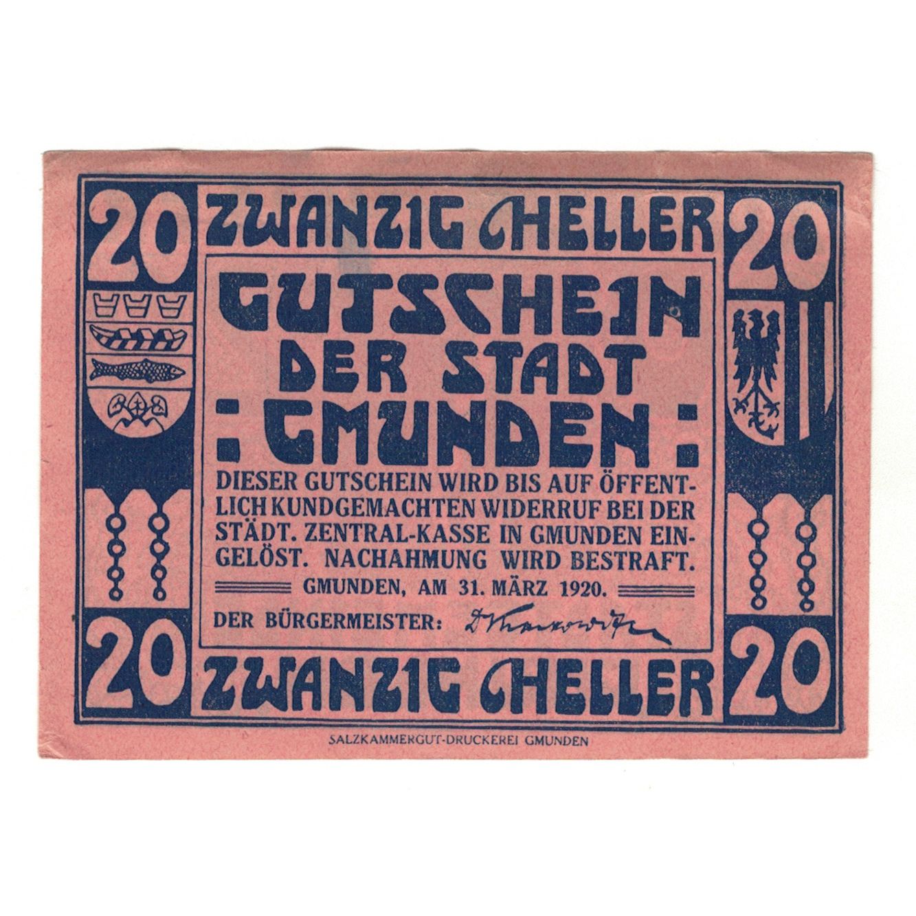 Billete, Austria, Gmunden O.Ö. Stadt, 20 Heller, personnage, 1920, 1920-03-31