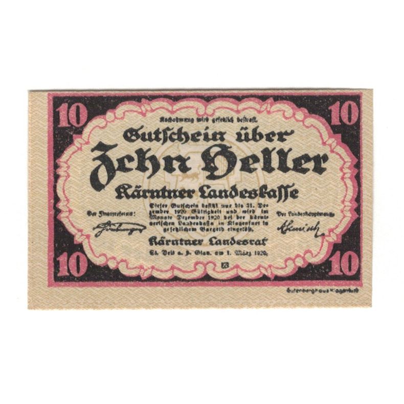 Banknote, Austria, Kärntner Landeskasse Kärnten Land, 10 Heller, Blason 1