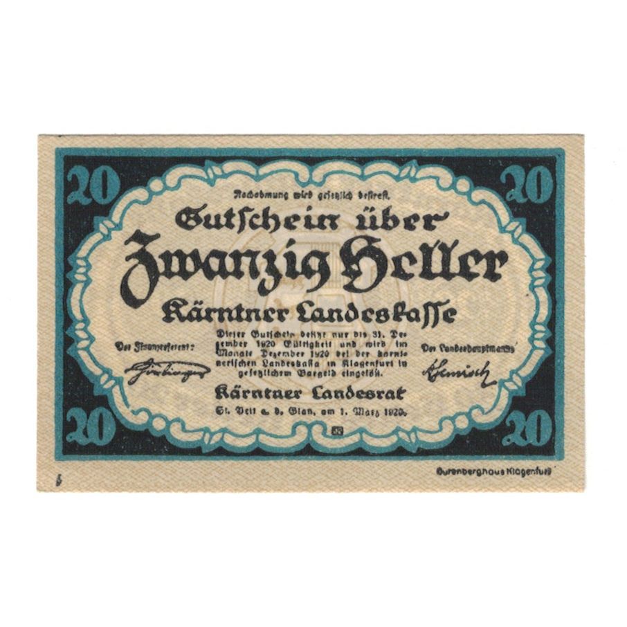 Banknote, Austria, Kärntner Landeskasse Kärnten Land, 20 Heller, Blason, 1920