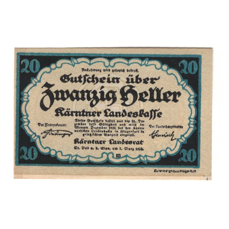 Billete, Austria, Kärntner Landeskasse Kärnten Land, 20 Heller, Blason 1