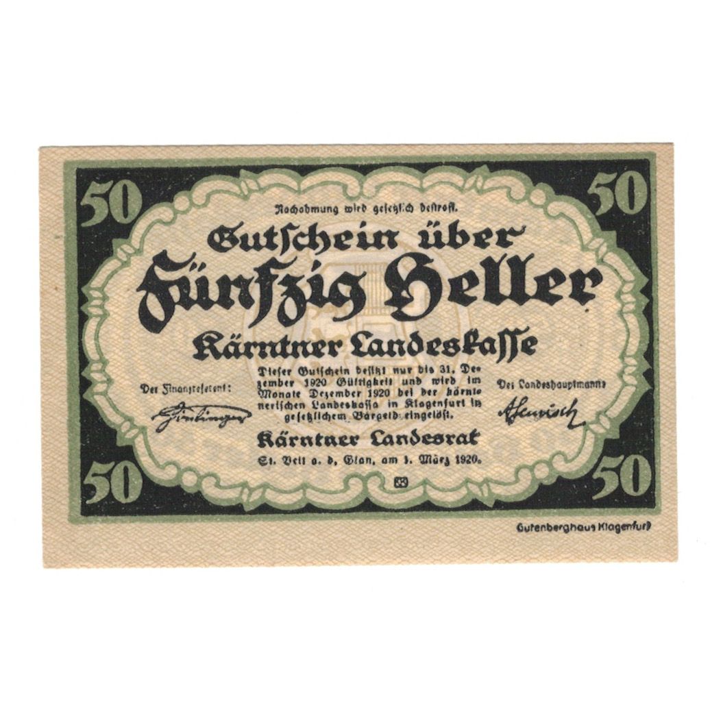 Nota, Áustria, Kärntner Landeskasse Kärnten Land, 50 Heller, Blason, 1920
