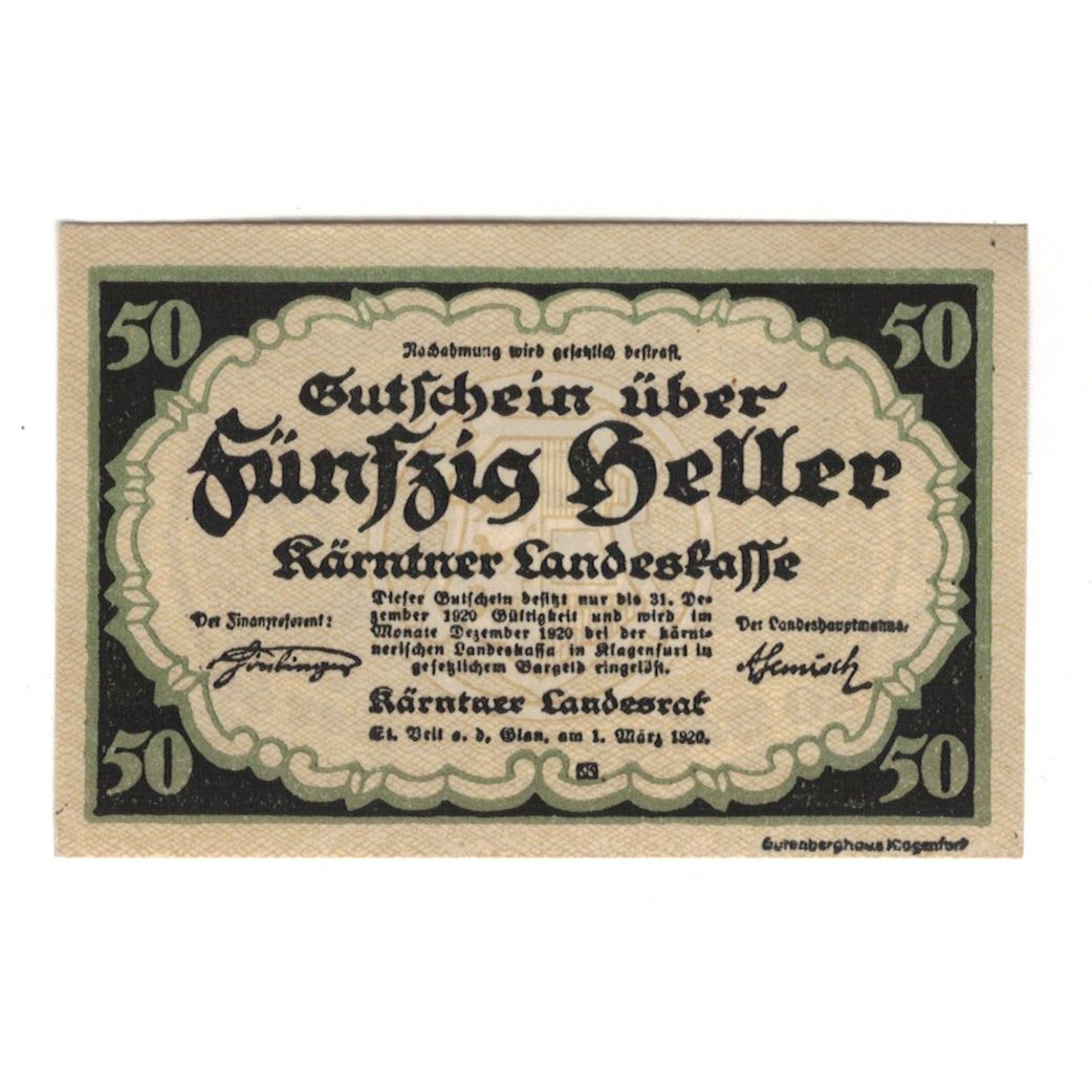 Nota, Áustria, Kärntner Landeskasse Kärnten Land, 50 Heller, Blason 1, 1920