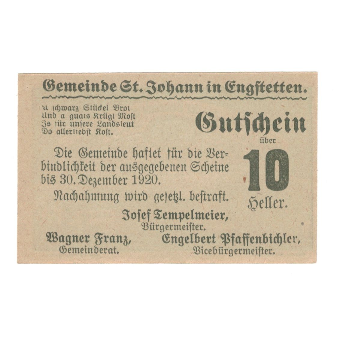 Banknote, Austria, St. Johann in Engstetten N.Ö. Gemeinde, 10 Heller, texte 1