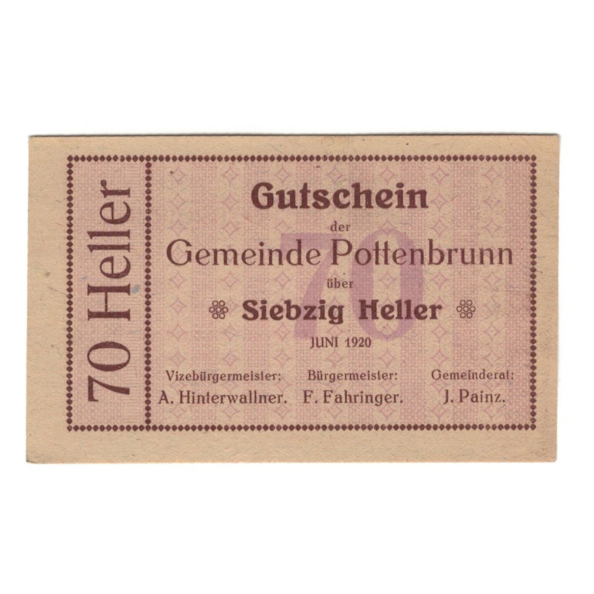 Banconote, Austria, Pottenbrunn Gemeinde, 70 Heller, Texte, 1920, 1920-12-31
