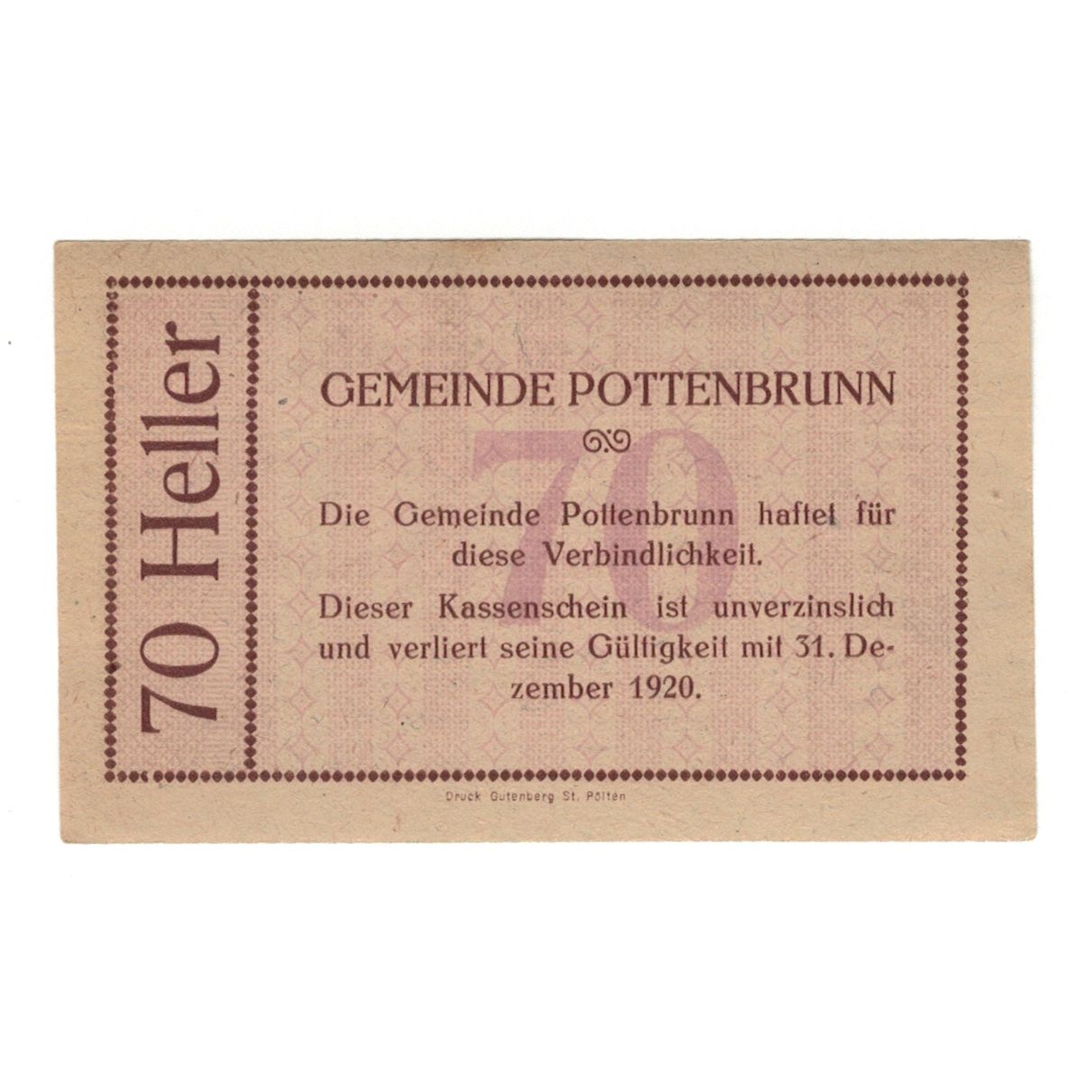 Banconote, Austria, Pottenbrunn Gemeinde, 70 Heller, Texte, 1920, 1920-12-31