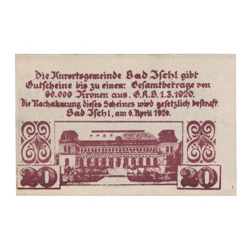 Banknote, Austria, Bad Ischl O.Ö. Kurortsgemeinde, 20 Heller, Batiment, 1920