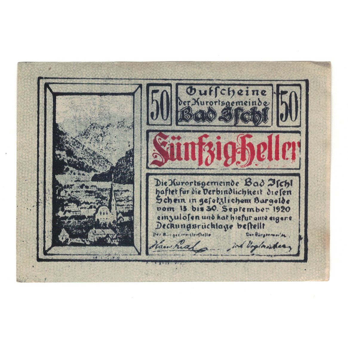 Banknote, Austria, Bad Ischl O.Ö. Kurortsgemeinde, 50 Heller, Blason, 1920