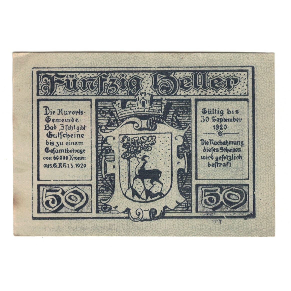 Banknote, Austria, Bad Ischl O.Ö. Kurortsgemeinde, 50 Heller, Blason, 1920