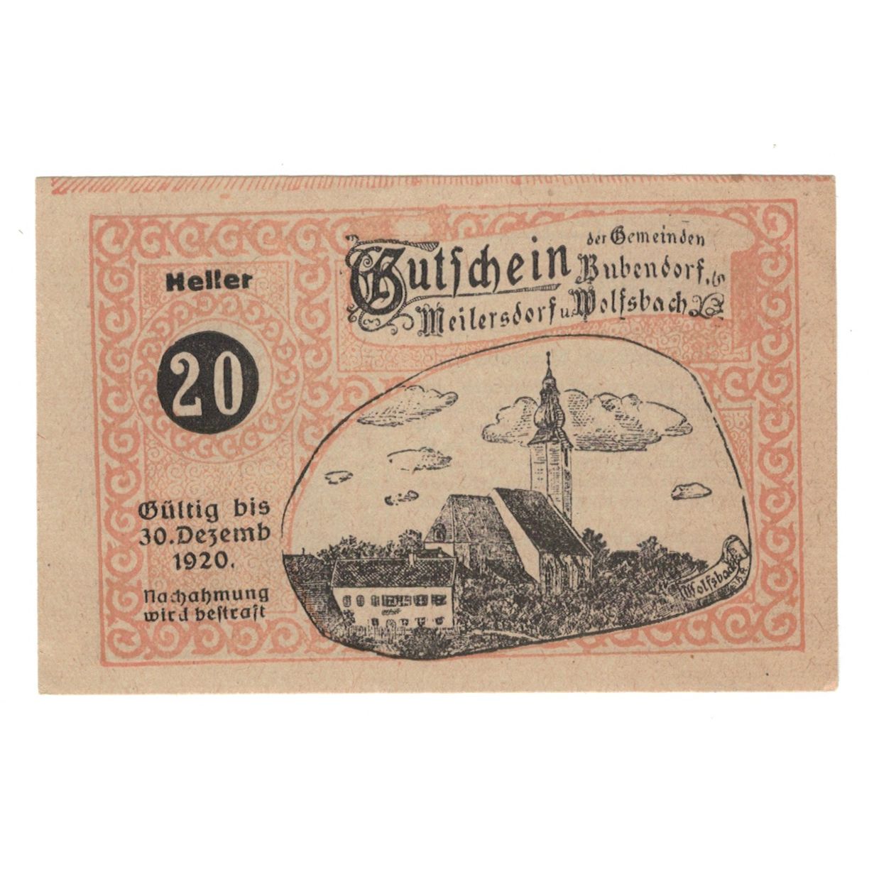 Billete, Austria, Bubendorf Meilersdorf Wolfsbach N.Ö. Gemeinden, 20 Heller