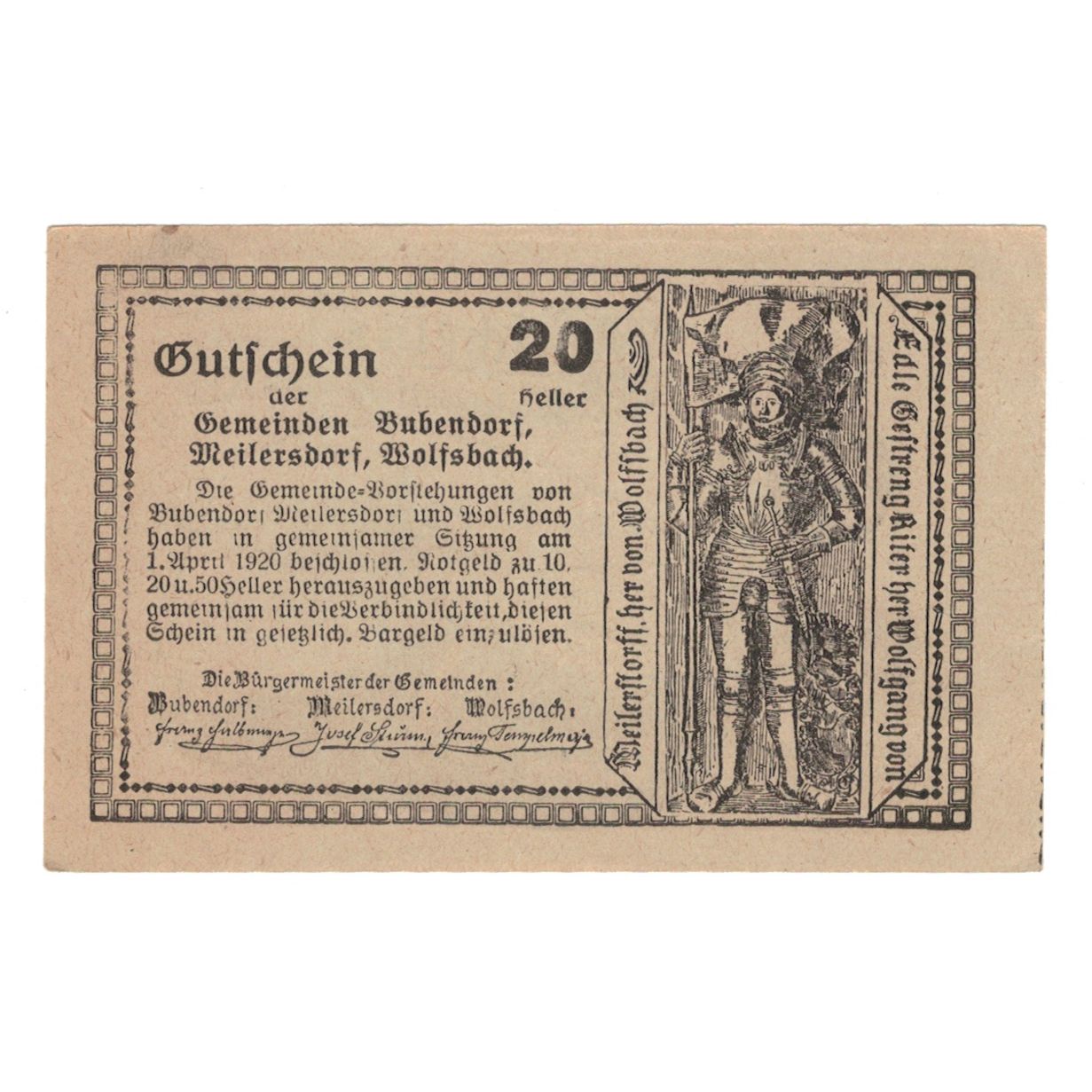 Billete, Austria, Bubendorf Meilersdorf Wolfsbach N.Ö. Gemeinden, 20 Heller