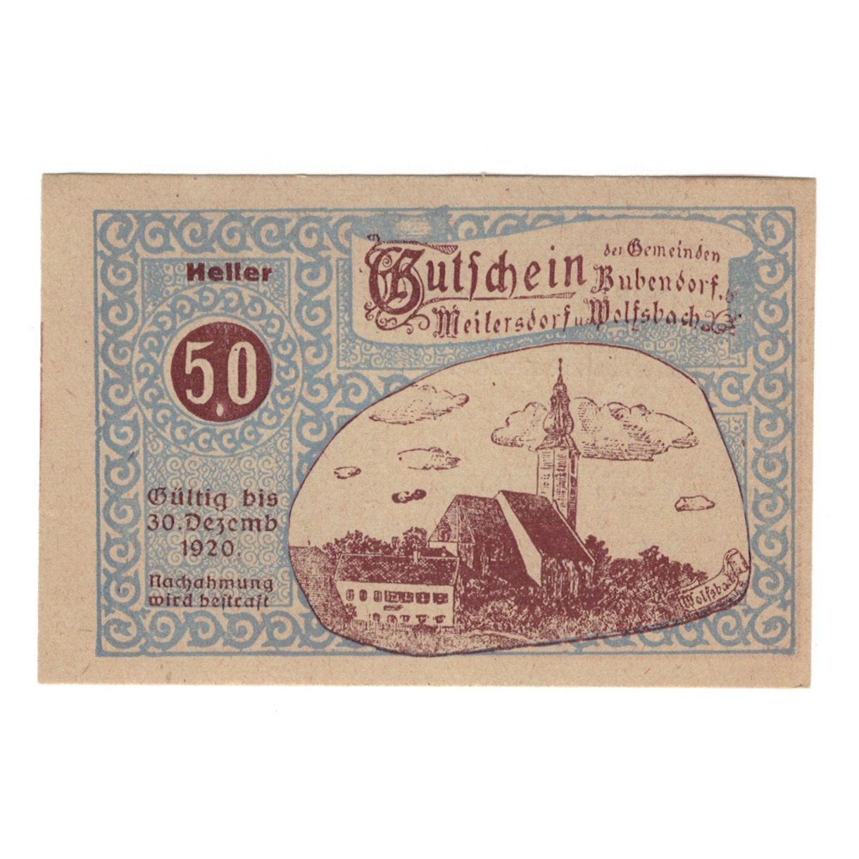 Billete, Austria, Bubendorf Meilersdorf Wolfsbach N.Ö. Gemeinden, 50 Heller