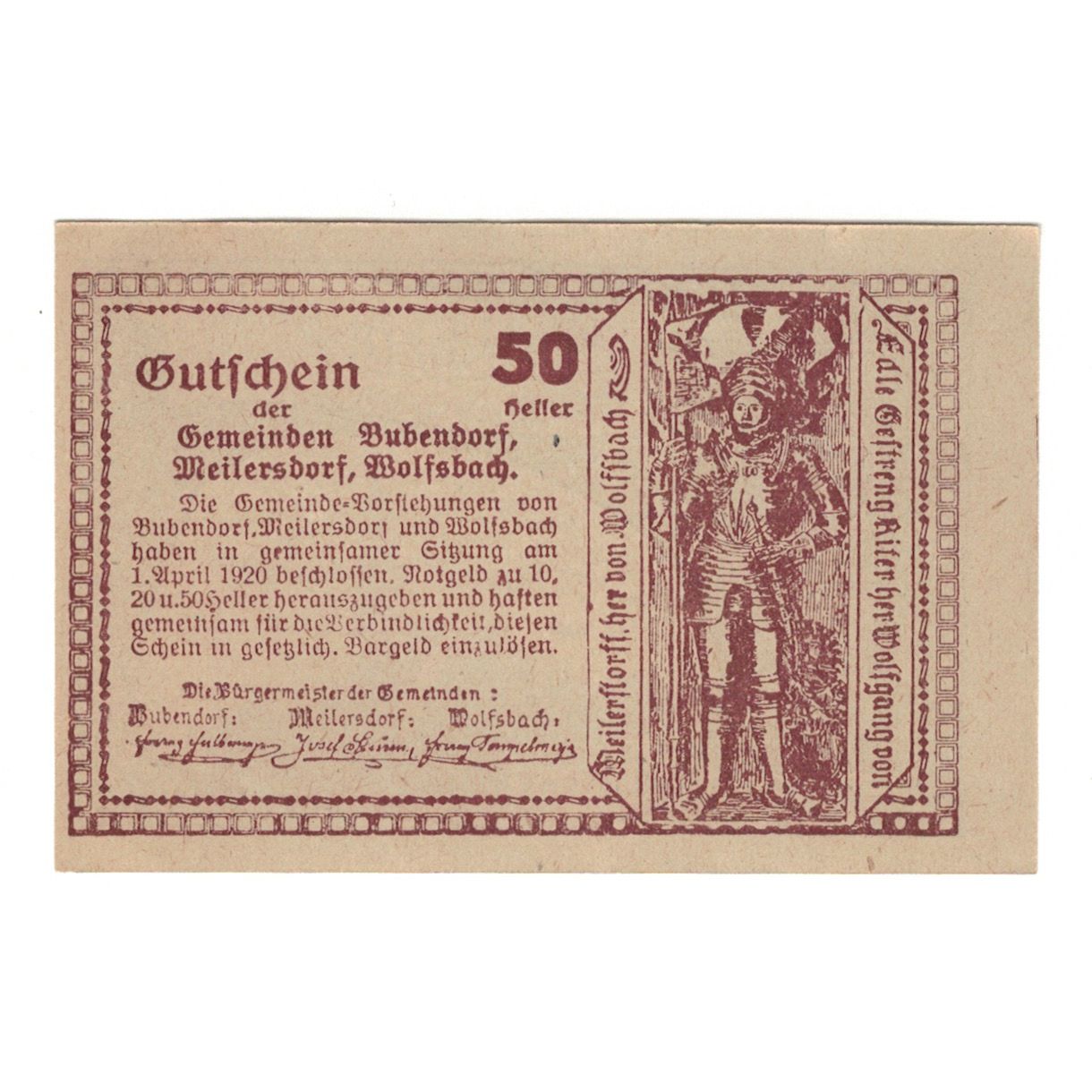 Billete, Austria, Bubendorf Meilersdorf Wolfsbach N.Ö. Gemeinden, 50 Heller