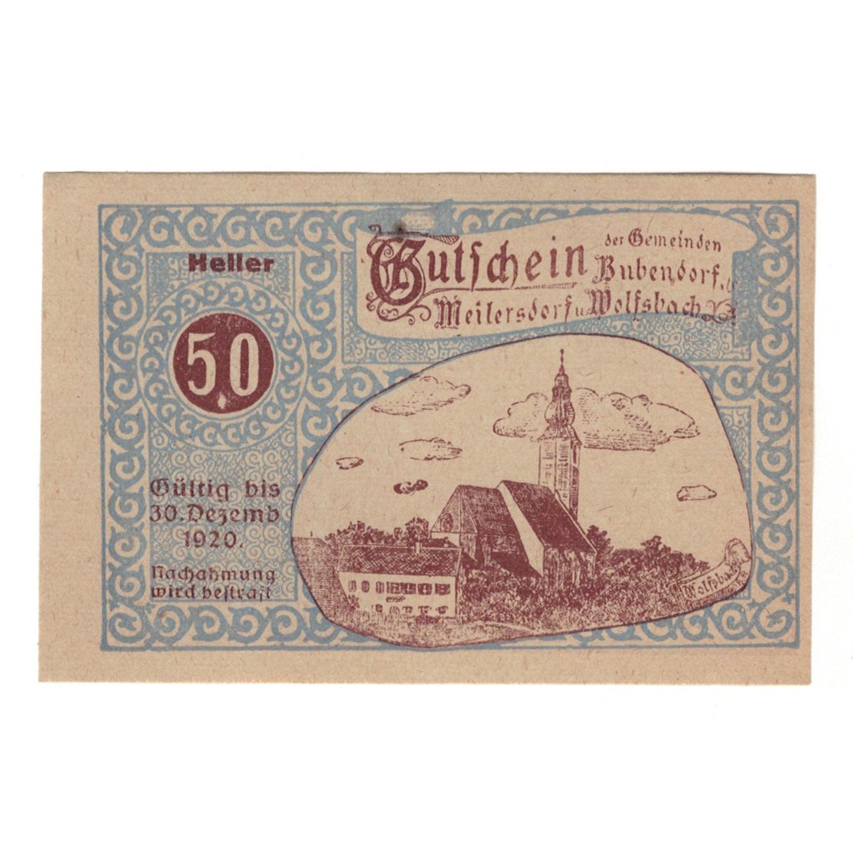 Nota, Áustria, Bubendorf Meilersdorf Wolfsbach N.Ö. Gemeinden, 50 Heller