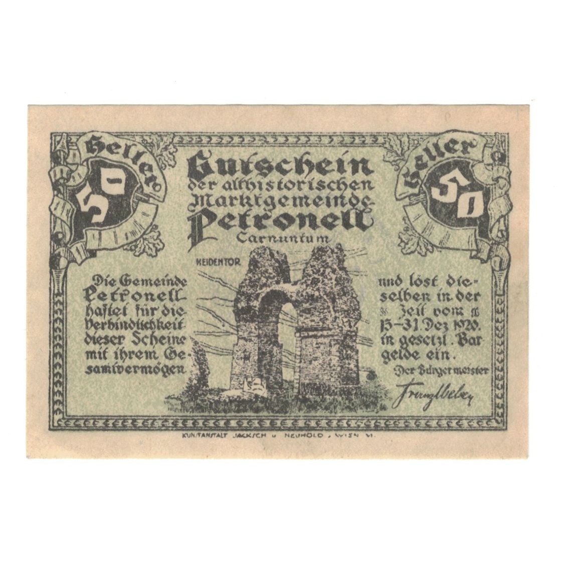 Geldschein, Österreich, Petronell N.Ö. Marktgemeinde, 50 Heller, N.D, 1920