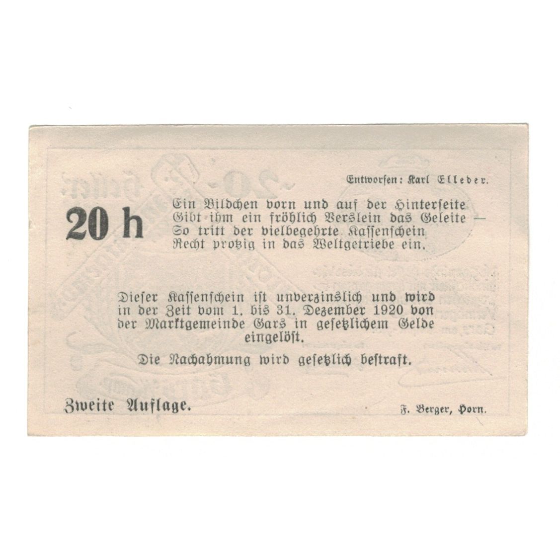 Nota, Áustria, Gars am Kamp N.Ö. Marktgemeinde, 20 Heller, Texte, 1920