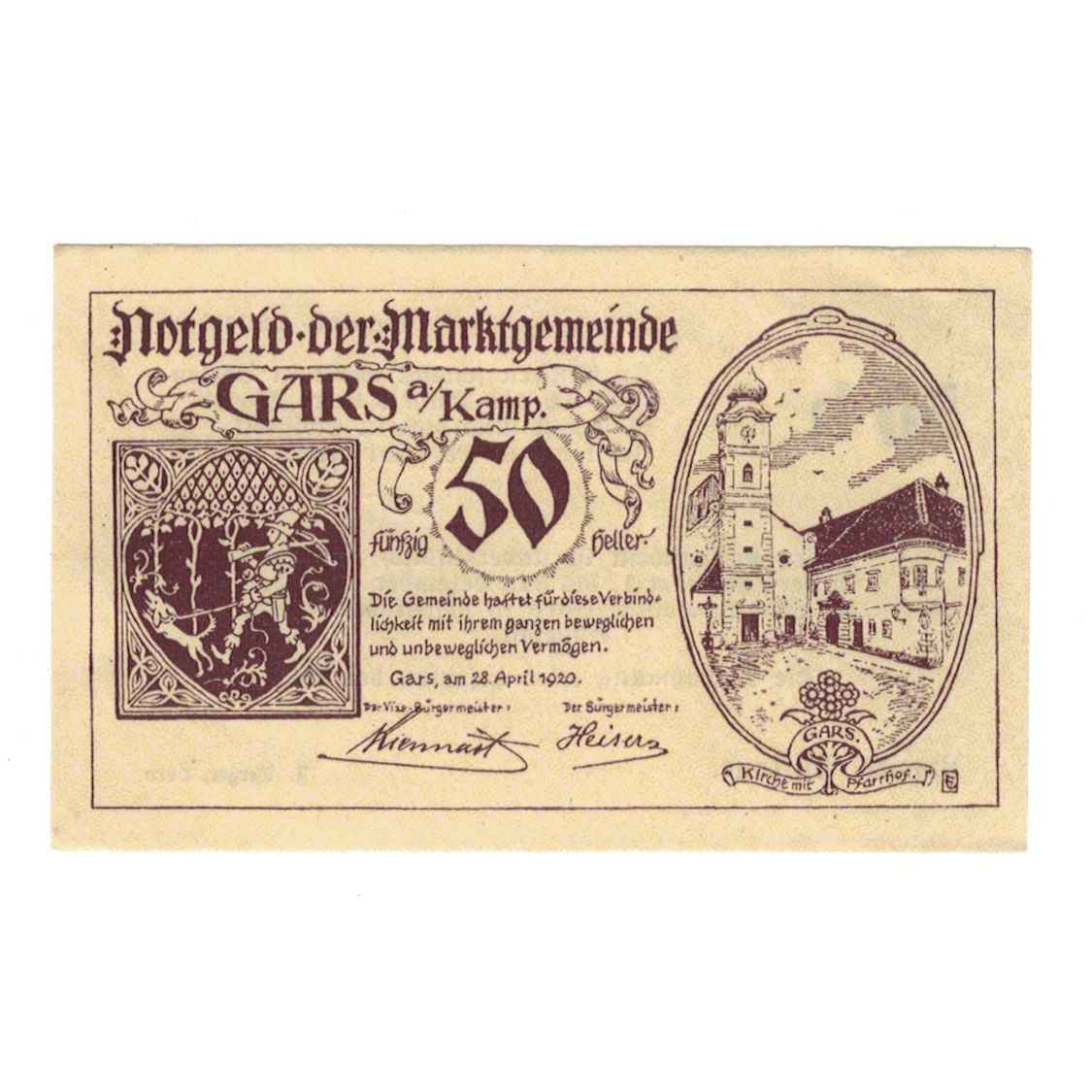 Billete, Austria, Gars am Kamp N.Ö. Marktgemeinde, 50 Heller, Texte, 1920