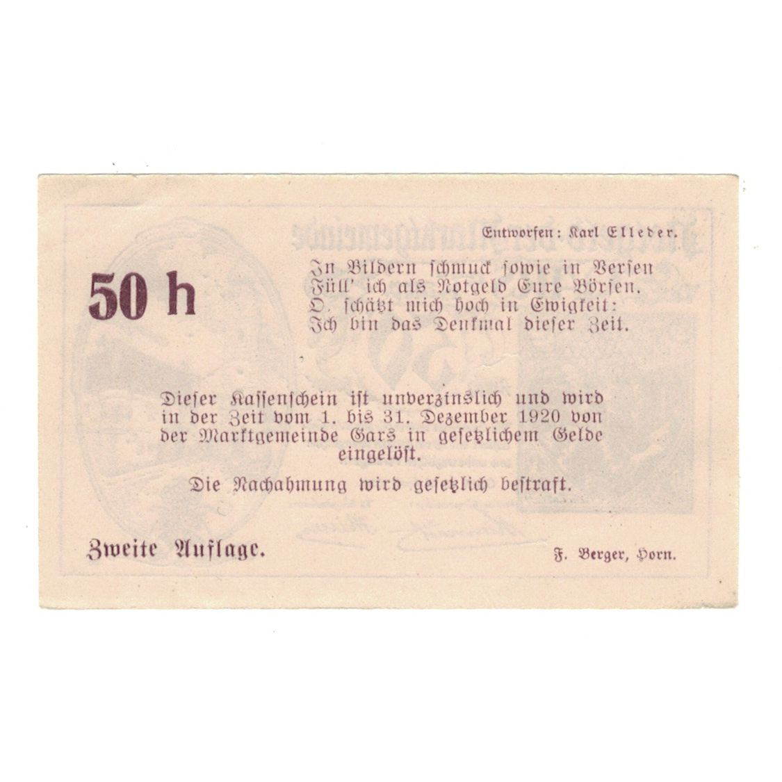 Billete, Austria, Gars am Kamp N.Ö. Marktgemeinde, 50 Heller, Texte, 1920