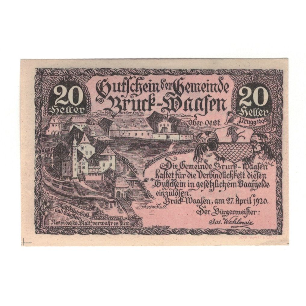 Billete, Austria, Bruck-Waasen O.Ö. Gemeinde, 20 Heller, Texte, 1921