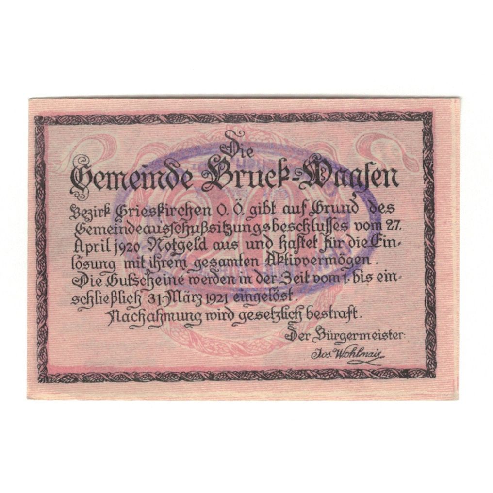 Billete, Austria, Bruck-Waasen O.Ö. Gemeinde, 20 Heller, Texte, 1921
