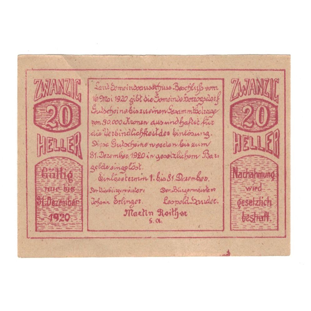 Nota, Áustria, Herzogsdorf O.Ö. Gemeinde, 20 Heller, Texte, 1920, 1920-12-31