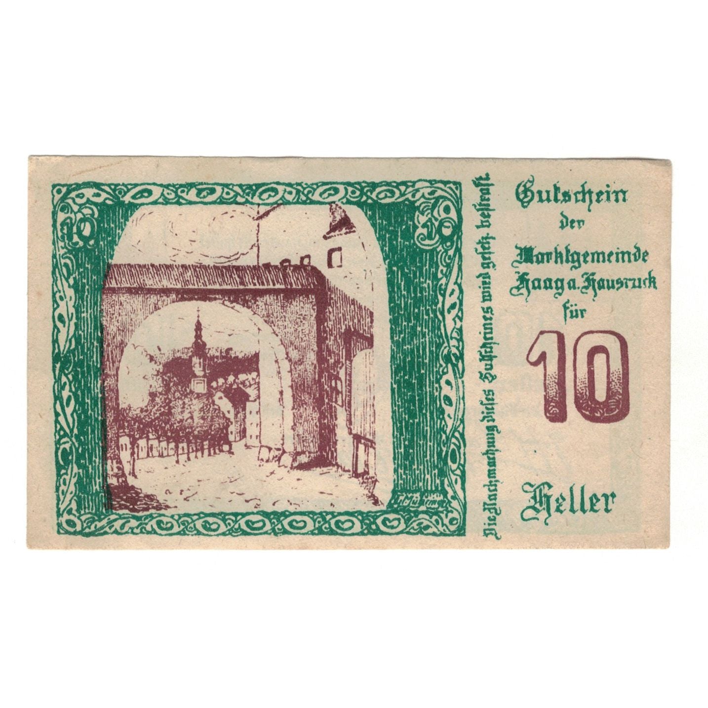 Banknote, Austria, Haag Am Hausruck O.Ö. Marktgemeinde, 10 Heller, Texte, 1920