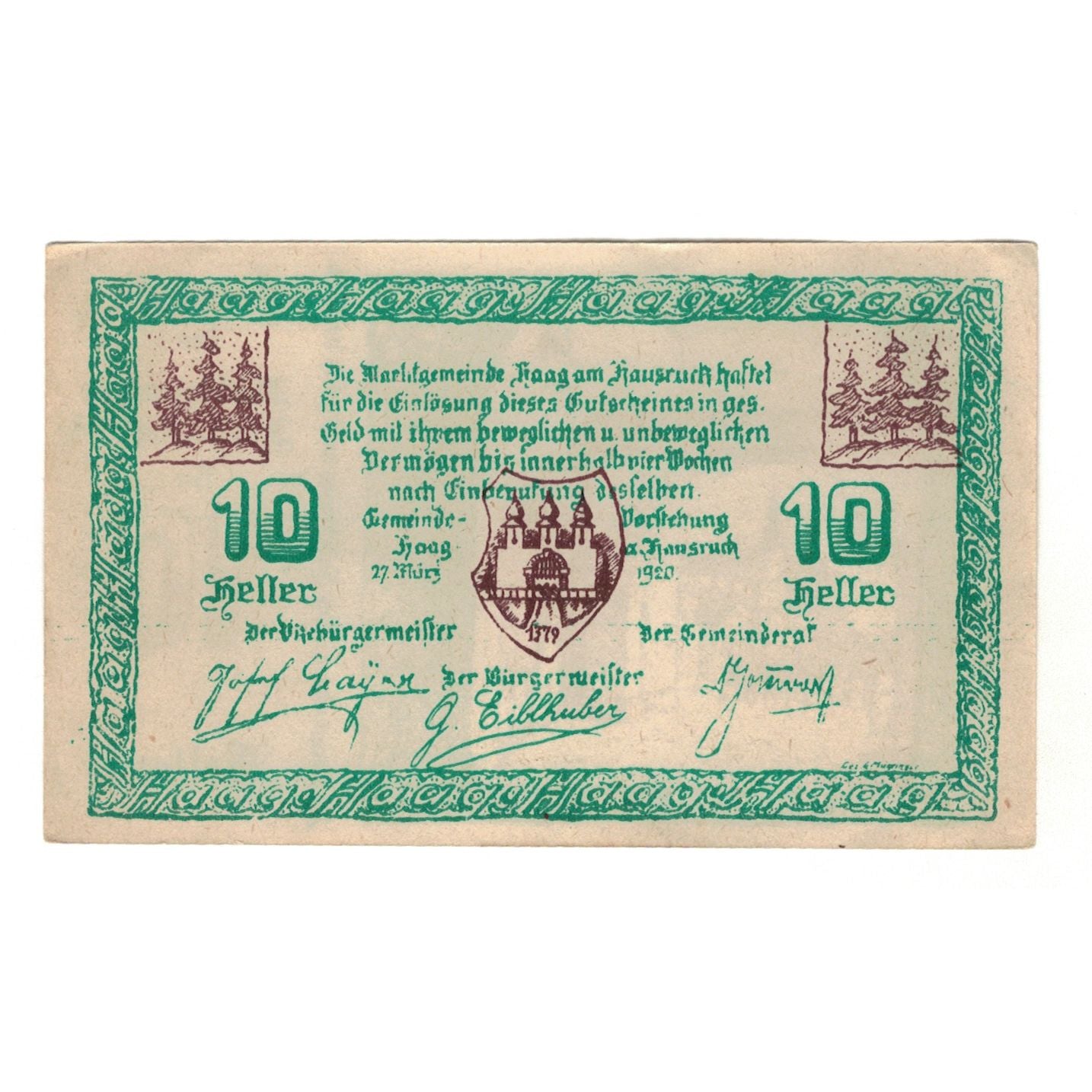 Banknote, Austria, Haag Am Hausruck O.Ö. Marktgemeinde, 10 Heller, Texte, 1920