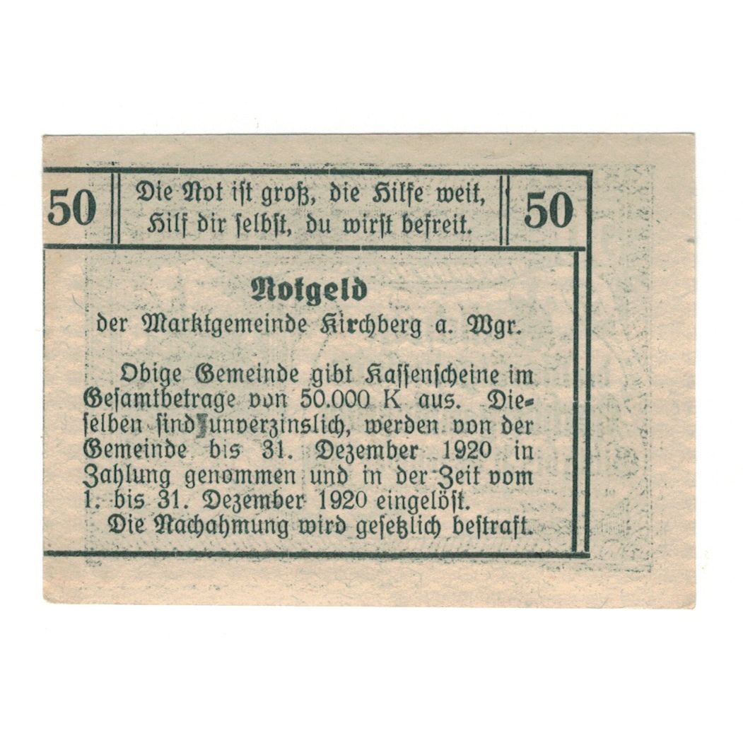 Banknote, Austria, Kirchberg am Wagram N.Ö. Marktgemeinde, 50 Heller, Texte