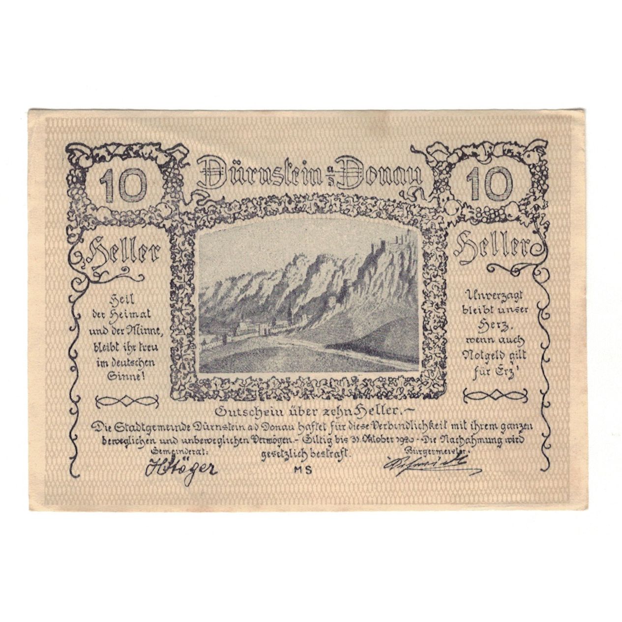 Billete, Austria, Dürnstein N.Ö. Stadtgemeinde, 10 Heller, N.D, 1920