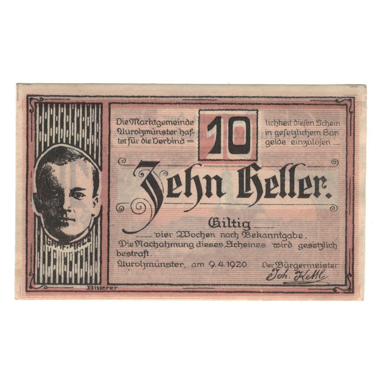 Nota, Áustria, Aurolzmünster O.Ö. Marktgemeinde, 10 Heller, Clocher, 1920