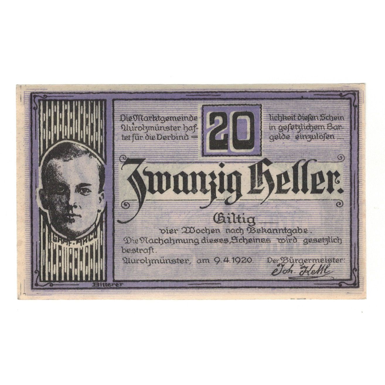 Biljet, Oostenrijk, Aurolzmünster O.Ö. Marktgemeinde, 20 Heller, place, 1920