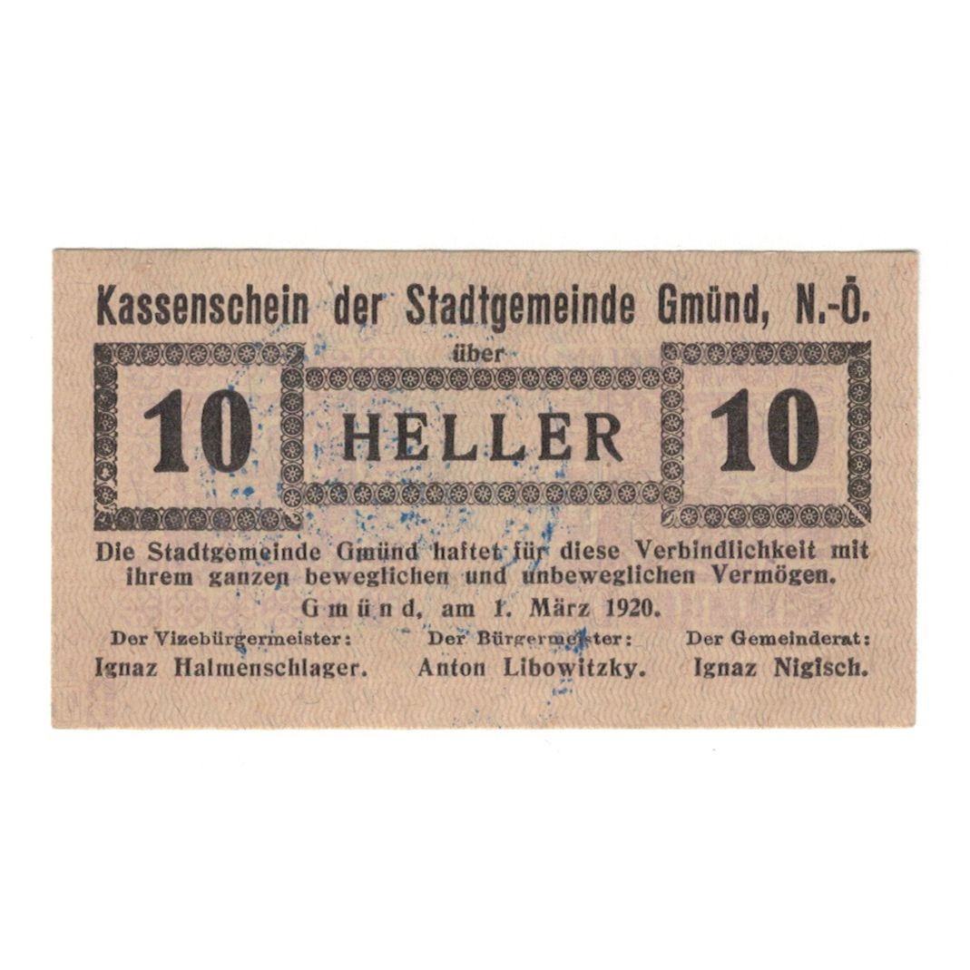 Geldschein, Österreich, Gmünd N.Ö. Stadtgemeinde, 10 Heller, Texte, 1920
