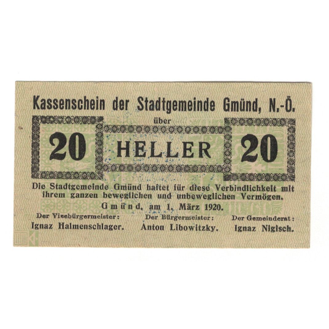 Banknote, Austria, Gmünd N.Ö. Stadtgemeinde, 20 Heller, Texte, 1920