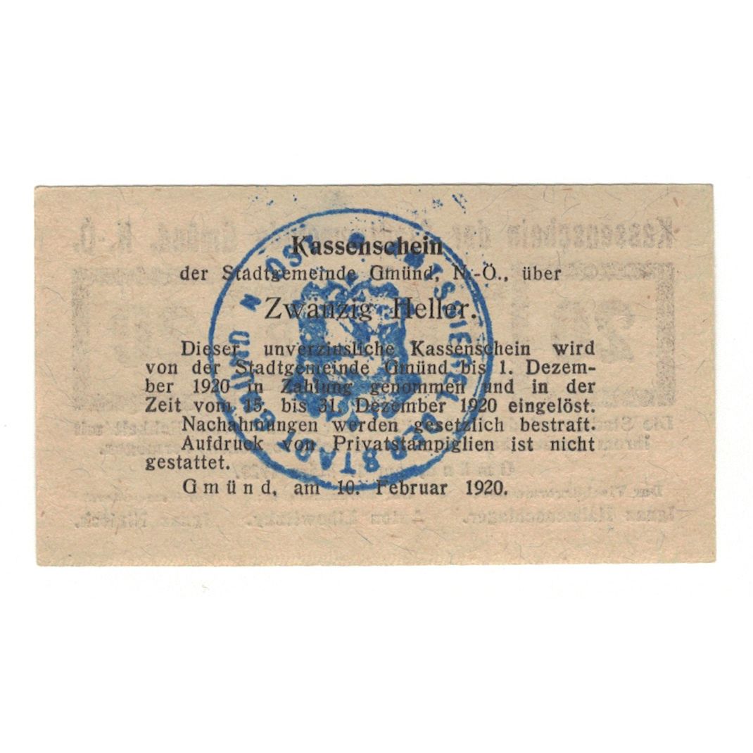 Banknote, Austria, Gmünd N.Ö. Stadtgemeinde, 20 Heller, Texte, 1920