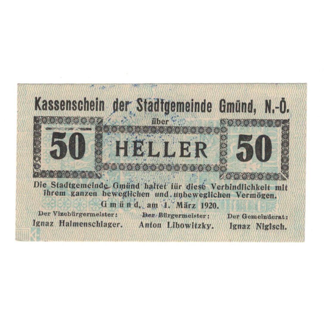 Banknote, Austria, Gmünd N.Ö. Stadtgemeinde, 50 Heller, Texte, 1920