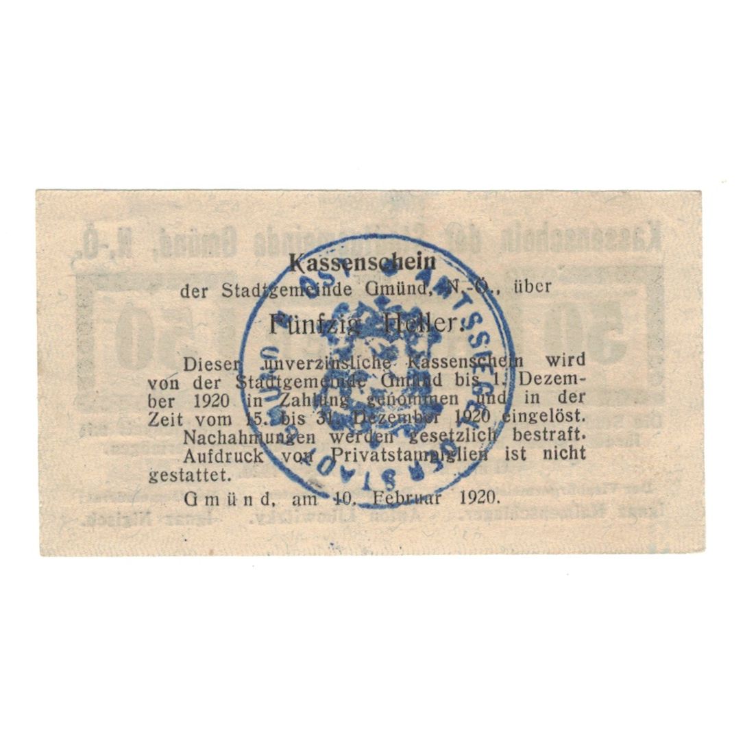 Banknote, Austria, Gmünd N.Ö. Stadtgemeinde, 50 Heller, Texte, 1920
