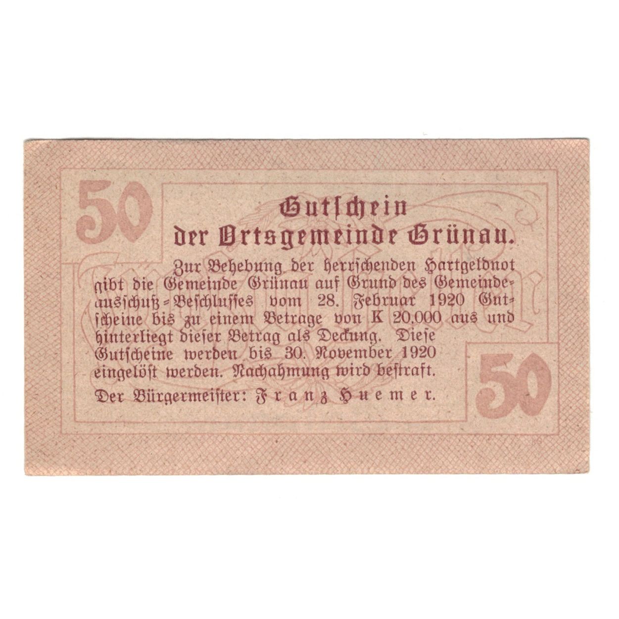 Biljet, Oostenrijk, Grünau O.Ö. Gemeinde, 50 Heller, Texte, 1920, 1920-11-30